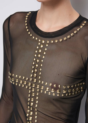 DENNYROSE 521DD64011 T-shirt nera in tulle con borchie