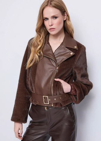 GAUDì 521FD39004 Giacca biker marrone da donna con cintura