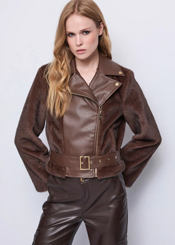 GAUDì 521FD39004 Giacca biker marrone da donna con cintura