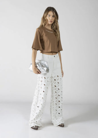 DENNYROSE  611DD64013  T-SHIRT CROP CON RICAMO BROWN