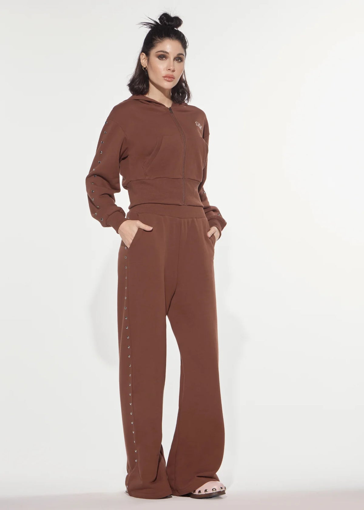 DENNYROSE FELPA ECLECTIC IN COTONE CON BORCHIE E ZIP DOWNTOWN BROWN DD64010