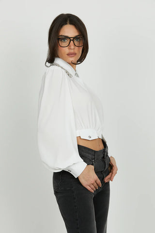 Camicia KUGATIS corta manica lunga con bordo collo con pietre più strass più fondo con patte