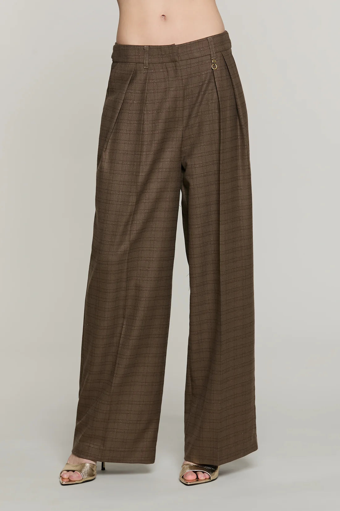 RELISH Pantalone TREMITI vita alta palazzo con pinces più tasche quadri lurex